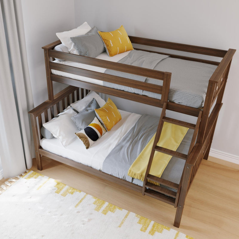 Modern wooden bunk bed with gray and yellow bedding, safety rails and ladder in a bright kids' bedroom