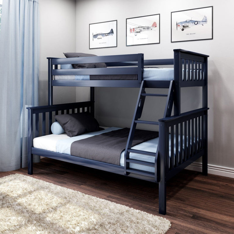 Navy blue wooden twin-over-full bunk bed with ladder in modern kids bedroom, blue and gray bedding, airplane wall art, hardwood floor and plush rug