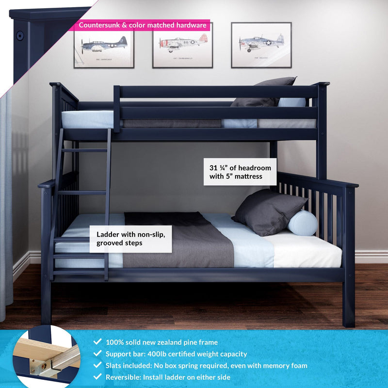 Navy blue twin-over-full bunk bed, 100% solid New Zealand pine frame, ladder with non-slip grooved steps, 31¼ in headroom with 5 in mattress, 400 lb certified support bar, slats included, reversible ladder for kids' bedroom
