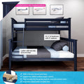 Navy blue twin-over-twin bunk bed on solid New Zealand pine frame with ladder and non-slip grooved steps, full-length guardrail, 31 1/4 inch headroom with 5 inch mattress, light blue bedding and airplane wall art