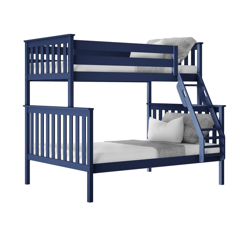 Navy blue wooden bunk bed with angled ladder and slatted guardrails, styled with white mattress and gray bedding — modern kids' bedroom furniture