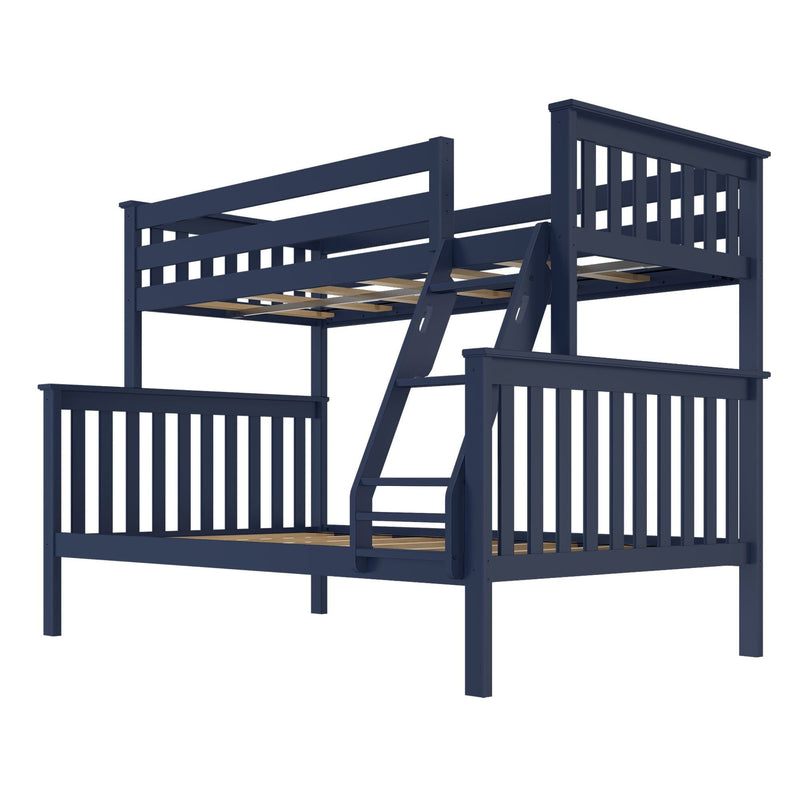 Space-saving navy blue wooden twin-over-full bunk bed with ladder, slatted guardrails and platform slats, sturdy kids' bedroom furniture