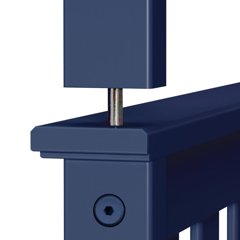 Close-up of navy blue metal deck railing top rail with square baluster insert, stainless mounting pin and hex screw