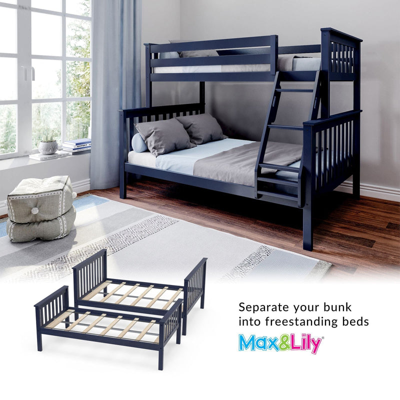 Convertible navy blue wooden bunk bed with ladder and guardrails in a modern kids' bedroom, space-saving design converts into two freestanding beds — Max & Lily