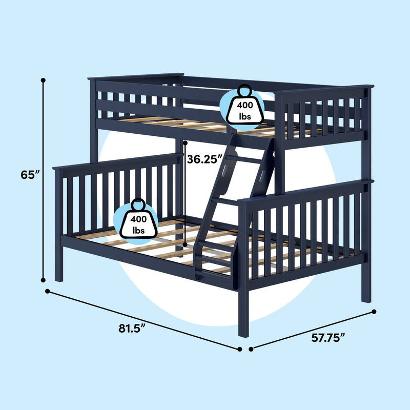 Navy blue wooden twin-over-full L-shaped bunk bed with angled ladder and safety guardrails, slatted mattress support, 400 lb weight capacity per bed, overall dimensions 81.5" L × 57.75" W × 65" H and 36.25" clearance between bunks