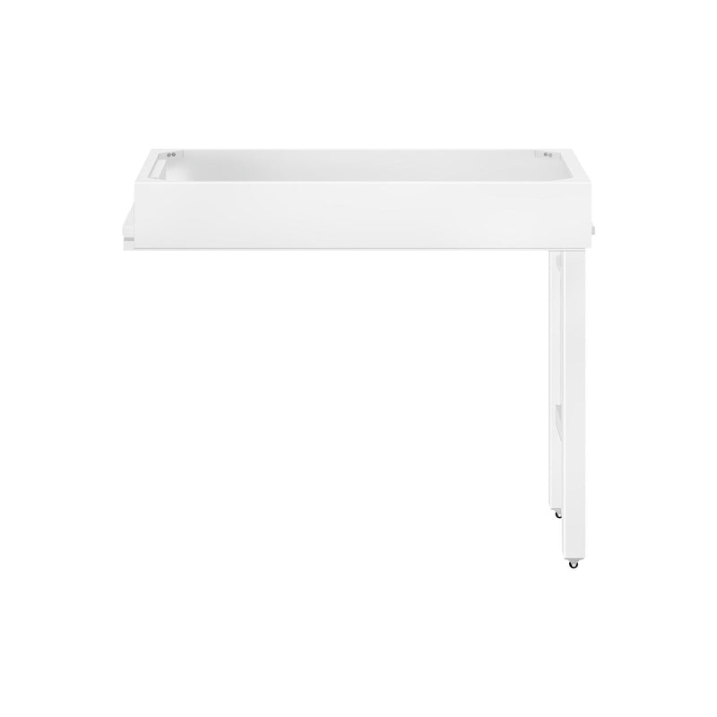White washing machine pedestal with storage drawer for laundry room organization.