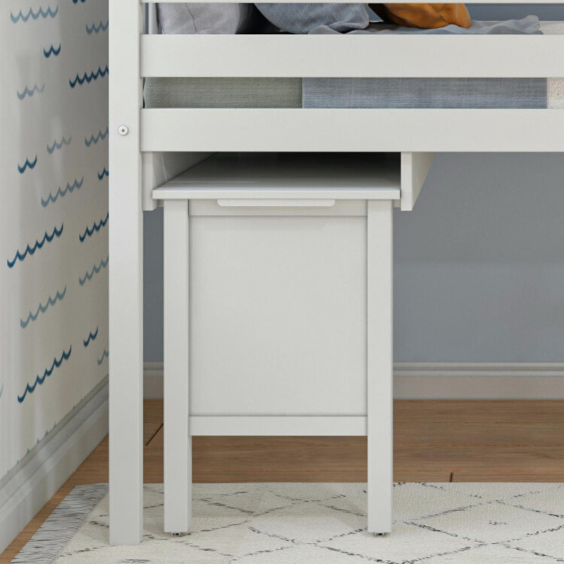 White bunk bed with pull-out desk in a modern bedroom setup.