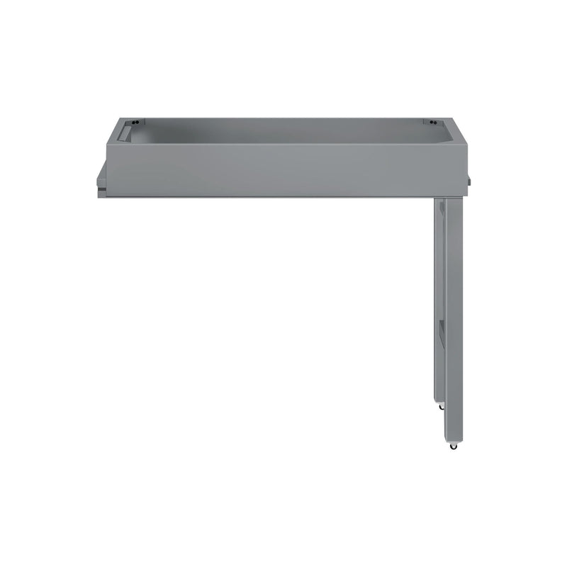 Modern gray metal table frame on white background, sleek minimalist design.