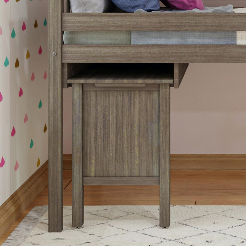 Modern wooden loft bed with colorful heart-patterned wallpaper in cozy children's room.