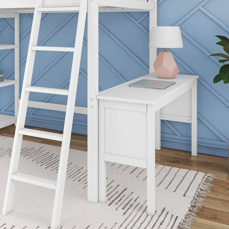 White loft bed with desk, ladder, and decorative lamp against blue wall in modern bedroom.