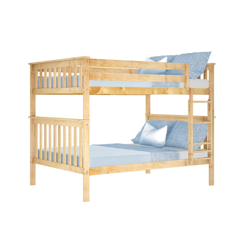 Wooden bunk bed with blue and white bedding for kids' bedroom furniture.