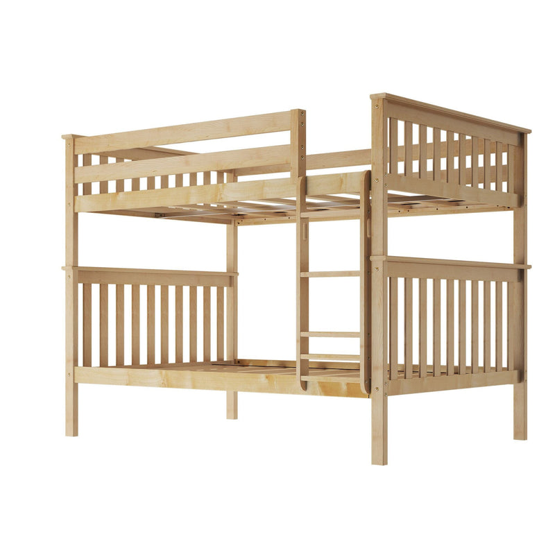 Wooden bunk bed frame with ladder and safety rails for children's bedroom.