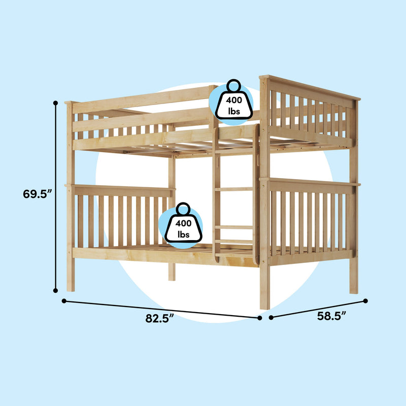 Solid pine twin-over-full bunk bed with ladder and slatted guardrails, natural finish, 69.5 in H × 82.5 in L × 58.5 in W, 400 lb weight limit per bunk