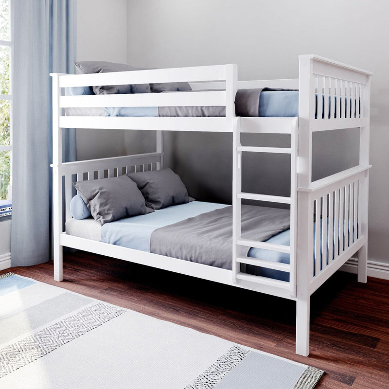 White wooden bunk bed with gray bedding and ladder in a bright bedroom.