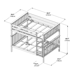 Bunk bed with ladder dimensions, featuring height, width, and length measurements in inches and centimeters.