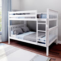 White wooden bunk bed with ladder and blue-gray bedding in modern kids' bedroom with hardwood floor