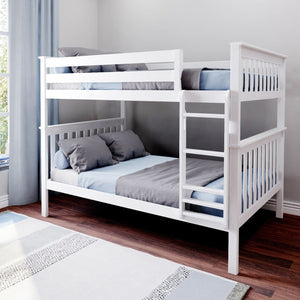 White wooden bunk bed with ladder, blue and gray bedding in a modern kids' bedroom with hardwood floor and window curtains