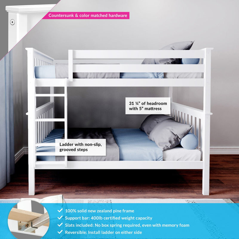 White wooden bunk bed with ladder and non-slip steps, accommodating two blue mattresses, featuring 31 ⅝" headroom, 100% solid New Zealand pine frame, 400lb weight capacity, and reversible ladder installation options.