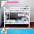 White twin-over-twin bunk bed, solid New Zealand pine frame with guardrails, ladder with non-slip grooved steps, 400 lb support bar, slatted no-box-spring design shown with blue bedding