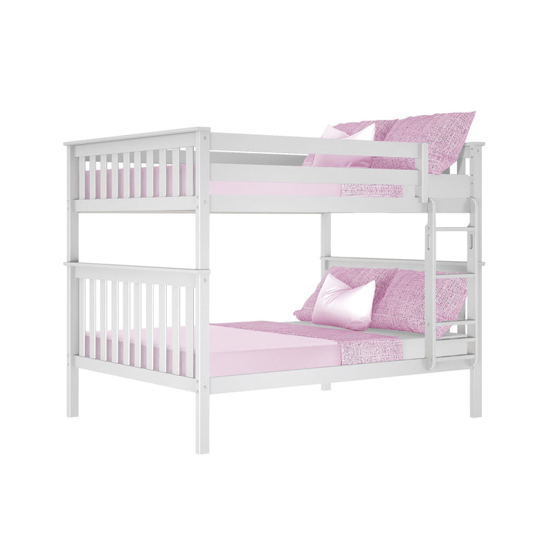 White wooden twin-over-full bunk bed with pink bedding, side ladder and slatted rails for kids' bedroom furniture