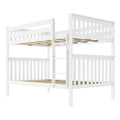 White wooden twin-over-twin bunk bed with integrated ladder, slatted guardrails and wooden slats, modern kids' bedroom furniture