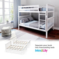 White wooden twin-over-twin bunk bed in a bright kids' bedroom, convertible into two freestanding beds with ladder and slatted guardrails on hardwood floor — Max & Lily