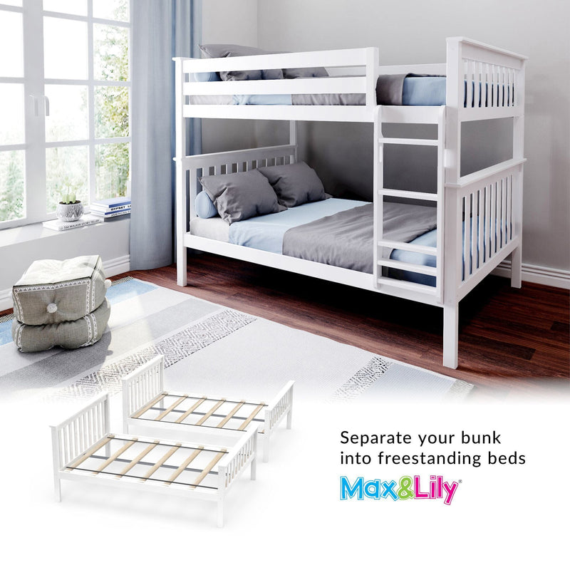 White wooden twin-over-twin bunk bed in a bright kids' bedroom, convertible into two freestanding beds with ladder and slatted guardrails on hardwood floor — Max & Lily