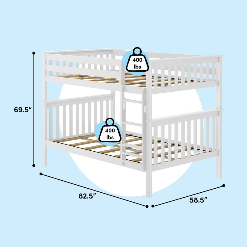 White wooden twin-over-twin bunk bed with ladder and guard rails on blue background, slatted mattress supports, 400 lb weight capacity per bunk, dimensions 82.5" L x 58.5" W x 69.5" H
