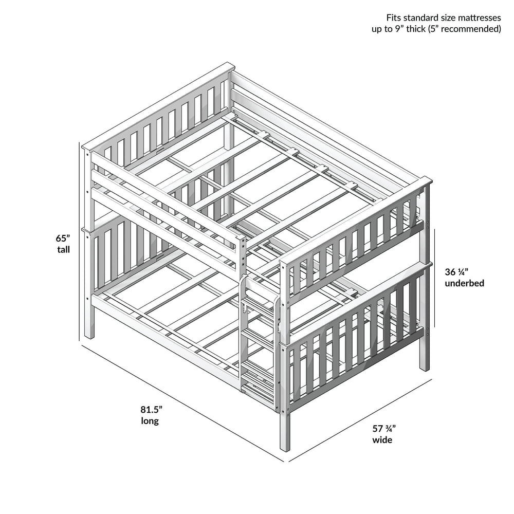 Wooden bunk bed frame dimensions diagram showing height, length, and width for standard size mattresses.