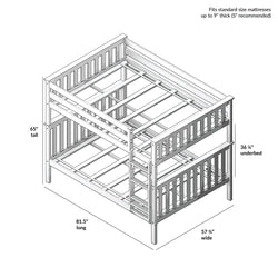 Wooden bunk bed frame dimensions diagram showing height, length, and width for standard size mattresses.