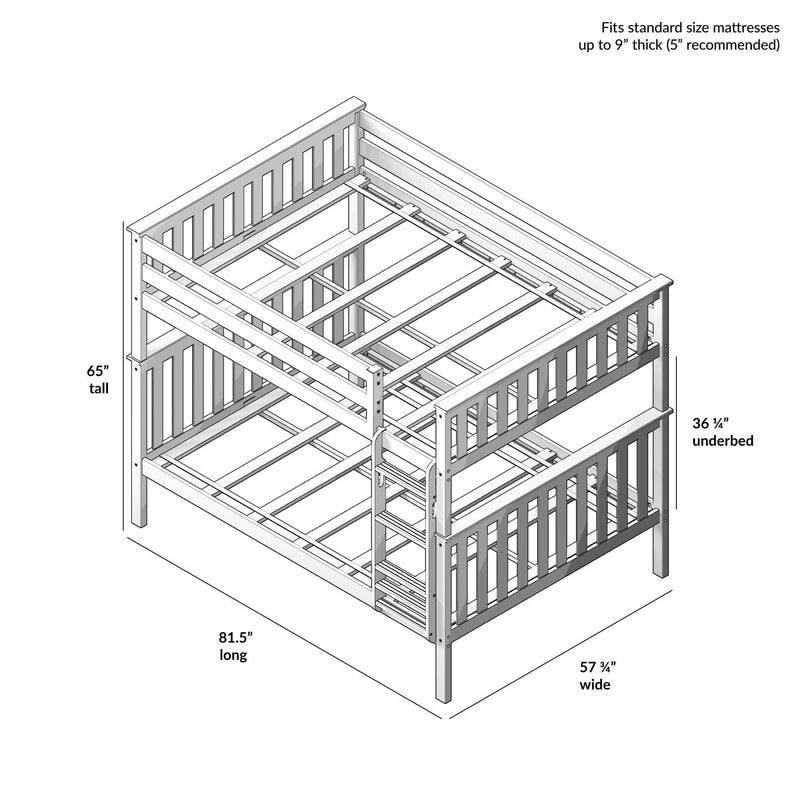 Wooden bunk bed frame dimensions diagram showing height, length, and width for standard size mattresses.