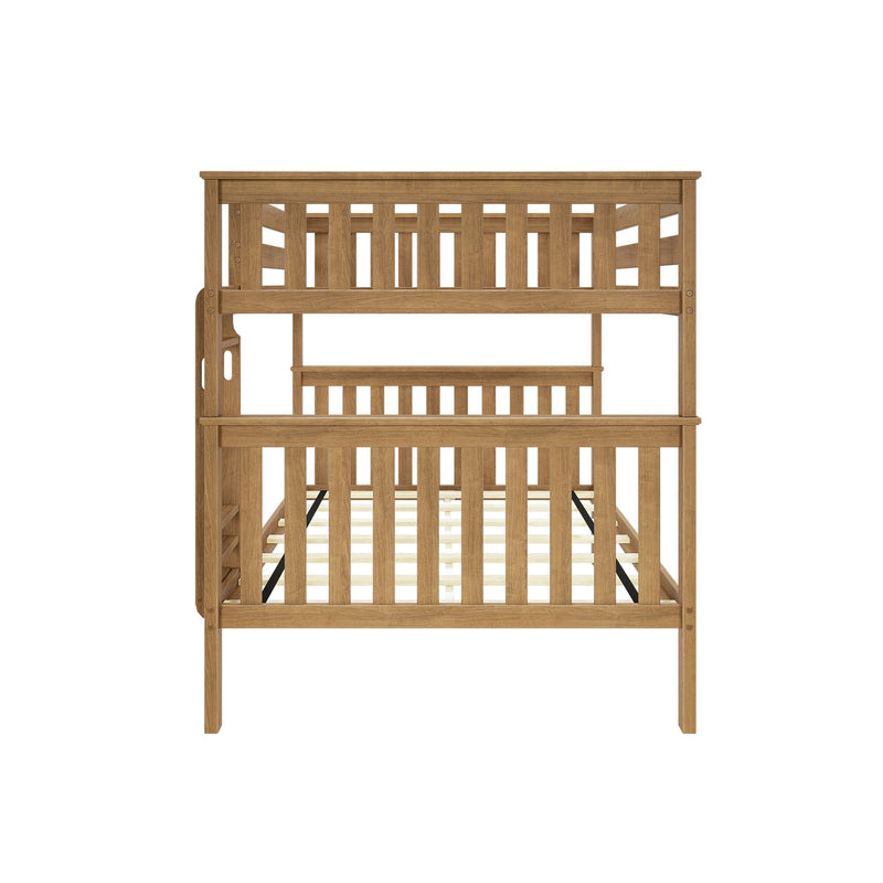 Wooden twin-over-twin bunk bed frame with slatted headboards and footboards in natural oak finish