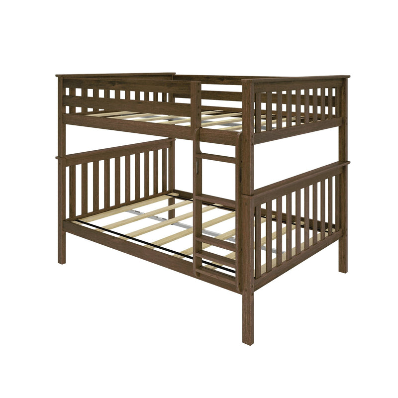 Espresso solid wood twin-over-full bunk bed frame with ladder, slatted headboards and footboards, wooden mattress slats, sturdy mission-style design