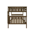 Brown solid wood bunk bed frame with slatted mission-style headboards and footboards, space-saving loft design