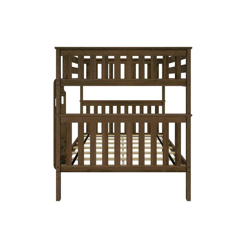 Brown solid wood bunk bed frame with slatted mission-style headboards and footboards, space-saving loft design