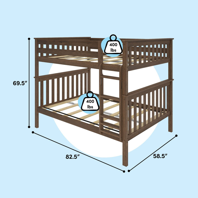 Twin-over-full solid wood bunk bed in dark brown with ladder, guardrails and slatted mattress support, 82.5 in L x 58.5 in W x 69.5 in H, 400 lb weight capacity per bunk, space-saving kids' bedroom furniture