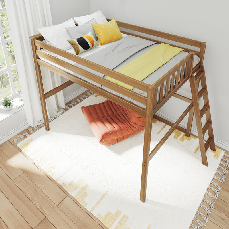 Wooden loft bed with colorful pillows and orange chair underneath, placed in a bright bedroom with a window and a decorative white rug.