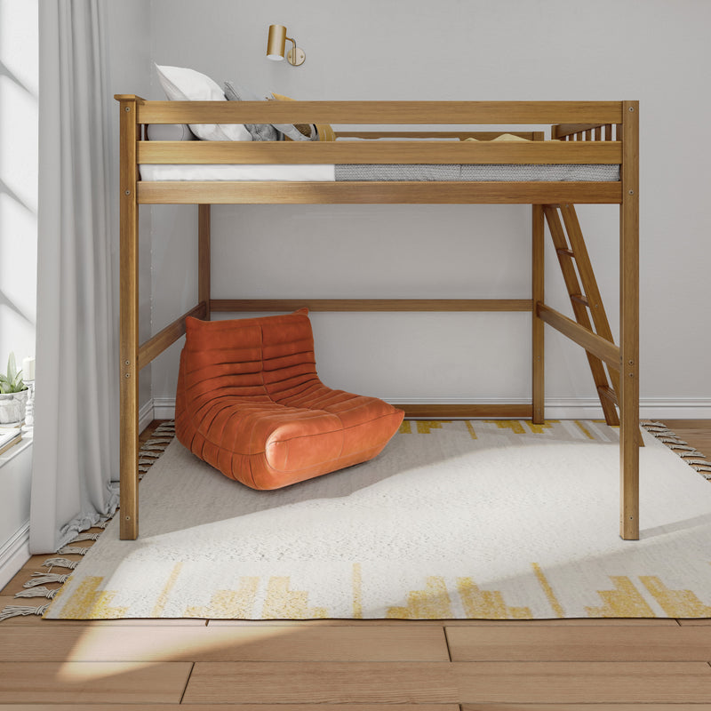 Loft bed with wooden frame and cozy orange chair in modern minimalist bedroom.