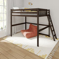 Dark wood loft bed with ladder and guardrail over cozy orange lounge chair, white and yellow patterned rug, window with curtains and brass wall sconce, space-saving bedroom setup