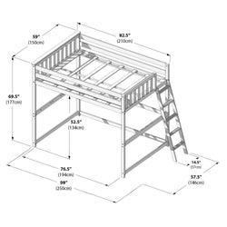 Wooden loft bed with ladder and guardrails, elevated under-bed workspace and storage; overall dimensions 82.5" L x 59" W x 69.5" H (210 x 150 x 177 cm), 52.5" (134 cm) under-clearance