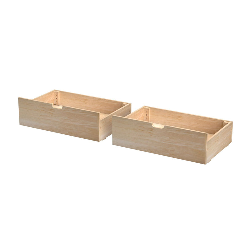 Pair of unfinished light wood under-bed storage drawers with recessed cutout handles for bedroom and closet organization