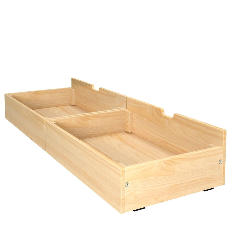 Natural pine underbed storage drawers, pair of pull-out wooden bed drawers for bedroom organization and under-bed storage.