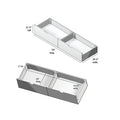 Under-bed pull-out storage drawers blueprint showing white wooden drawer boxes with recessed finger pulls and labeled dimensions — full-length drawer 74" L × 24.5" W × 11.75" H and two compartment drawers each 35.25" W × 23" D × 6" H, ideal for DIY bedroom storage and organization