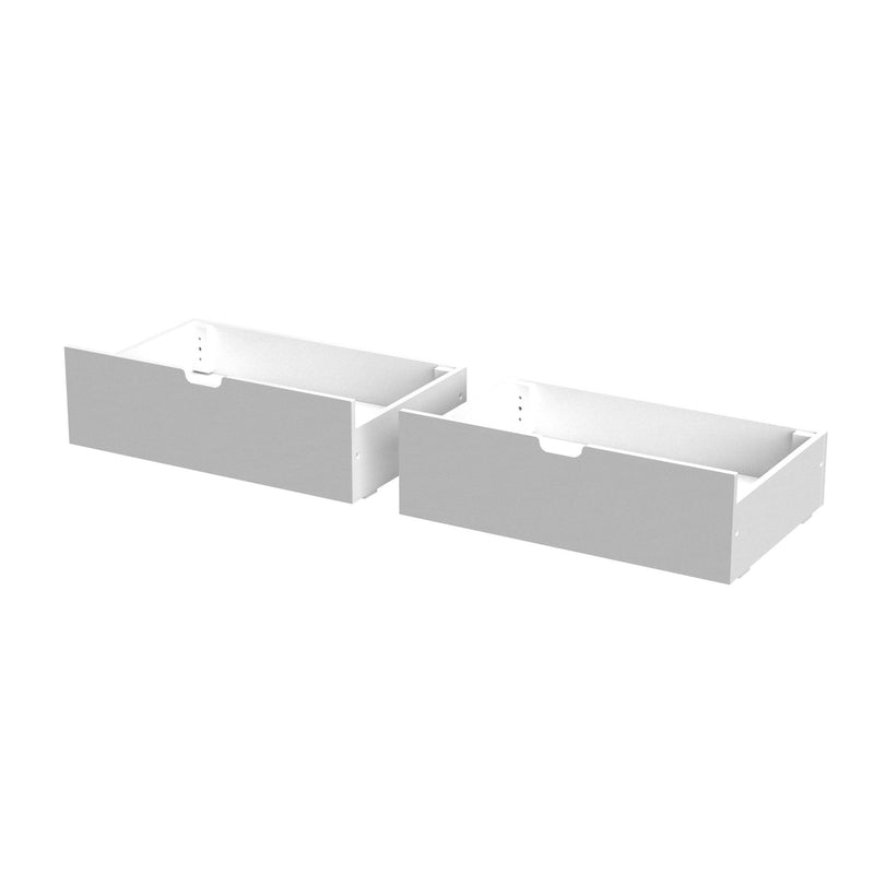 Two white underbed storage drawers with cutout handles, modern minimalist wooden pull-out drawers 2-pack for bedroom, closet and under-bed organization