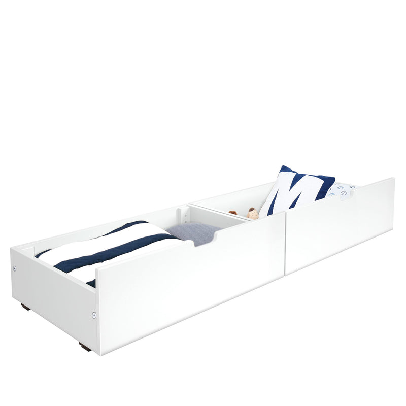 White low-profile under-bed storage drawers (trundle) with navy-striped blanket and decorative pillow, wooden space-saving underbed organizer for bedroom and kids' storage