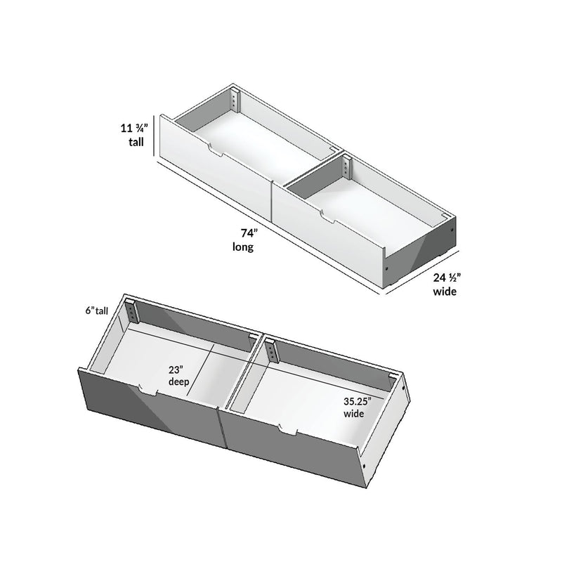 Diagram of two white modular shelving units with dimensions: 74 inches long, 24.5 inches wide, 11.75 inches tall, and 6 inches tall; detailed measurements include 23 inches deep and 35.25 inches wide.