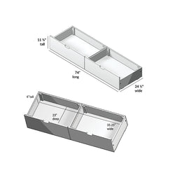 Under-bed storage drawer diagram showing two wooden drawer boxes with dimensions — 74" long, 24.5" wide, 11.75" tall; compartment widths 35.25", depth 23", 6" front height