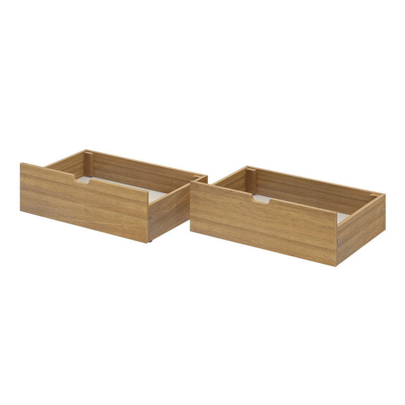 Set of two oak-finish underbed storage drawers with cutout handles, pull-out space-saving bedroom organizers