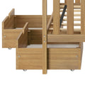 Light oak wooden bed frame with two rolling under-bed storage drawers on casters, space-saving bedroom storage solution