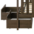 Dark brown wooden platform bed frame with slatted mattress support and pull-out underbed storage drawers on casters, space-saving bedroom furniture